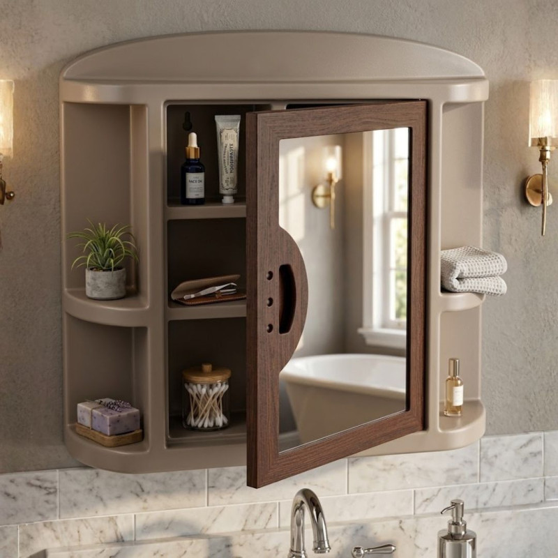 Plastic Washroom Cabinet with Attached Mirror Bathroom Storage Organizer