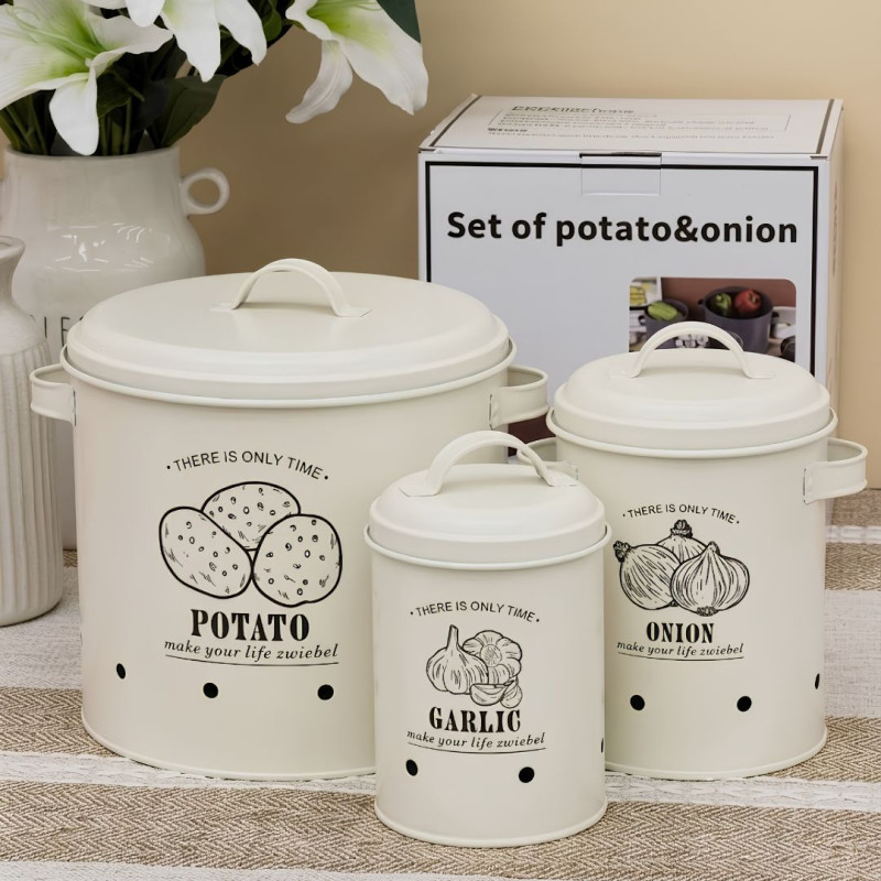 White Metal Vegetable Storage Canister Set (3PCS Set)