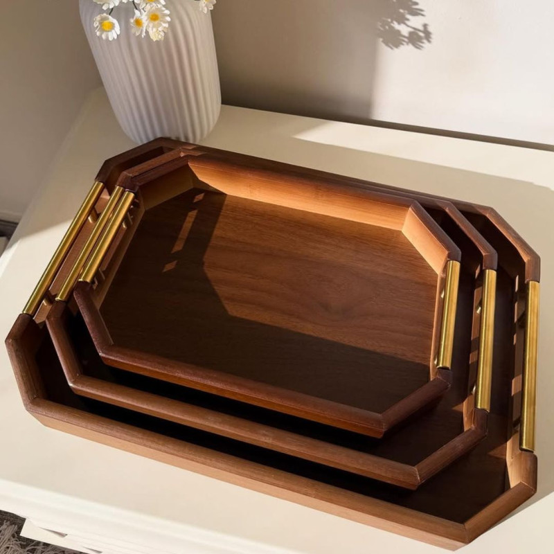 Dark Brown Wooden Tray Set Heavy Duty Serving Trays (3PCS Set)