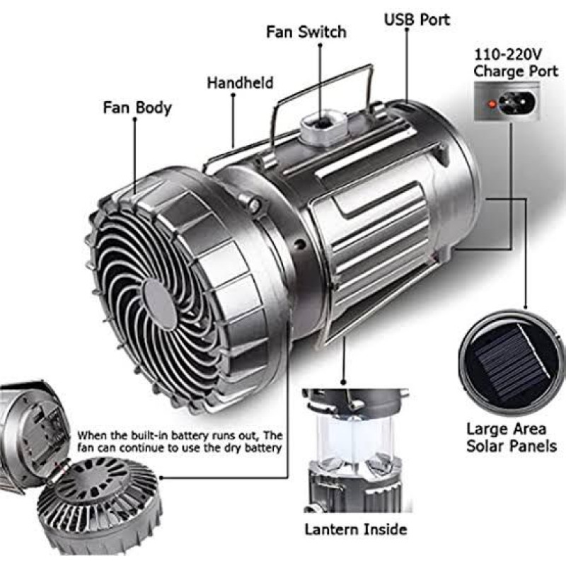 6 in 1 Portable Outdoor LED Camping Lantern with Fan Solar Rechargeable Power Bank Light