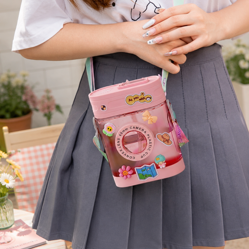 Cute Camera Water Bottle with Straw Leakproof Drinking Bottle