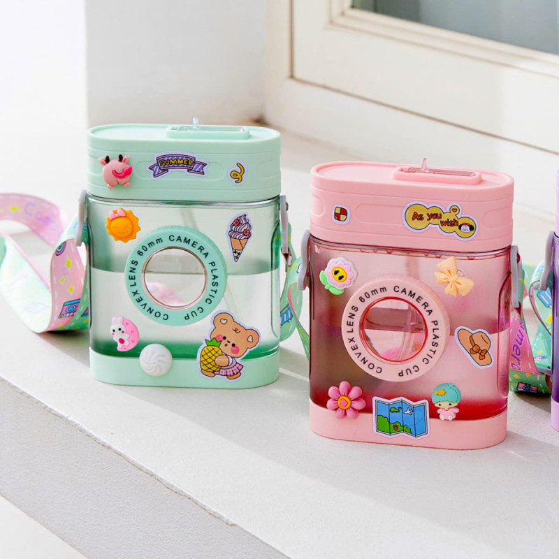 Cute Camera Water Bottle with Straw Leakproof Drinking Bottle