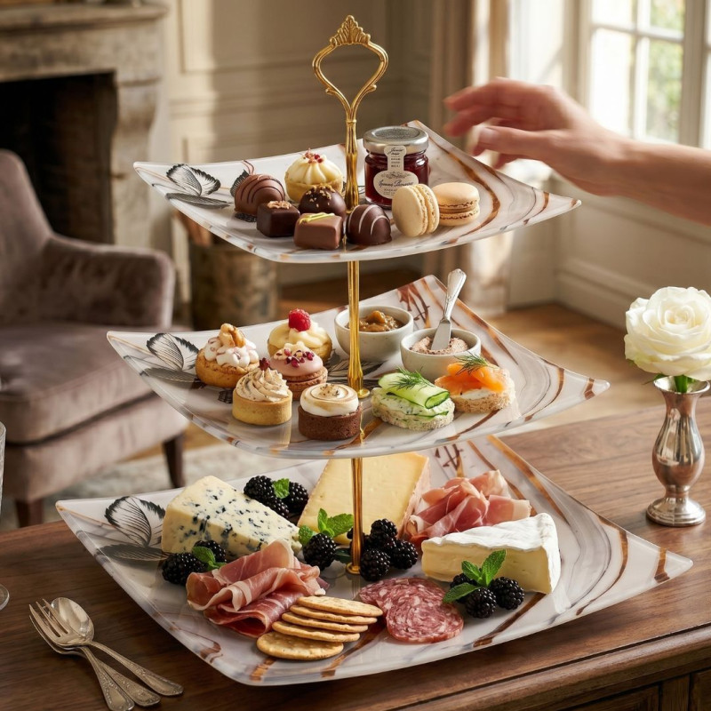 Melamine Square Feather and Marbled 3 Tier Cake Stand