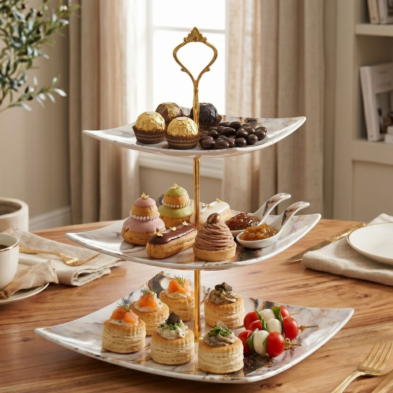Melamine Square Black Gold Marbled 3 Tier Cake Stand