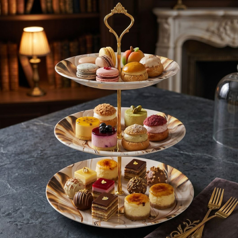 Melamine Round Feather And Marbled 3 Tier Cake Stand With Printed Box
