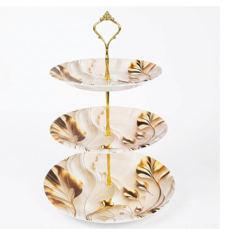 Melamine Round Feather And Marbled 3 Tier Cake Stand With Printed Box
