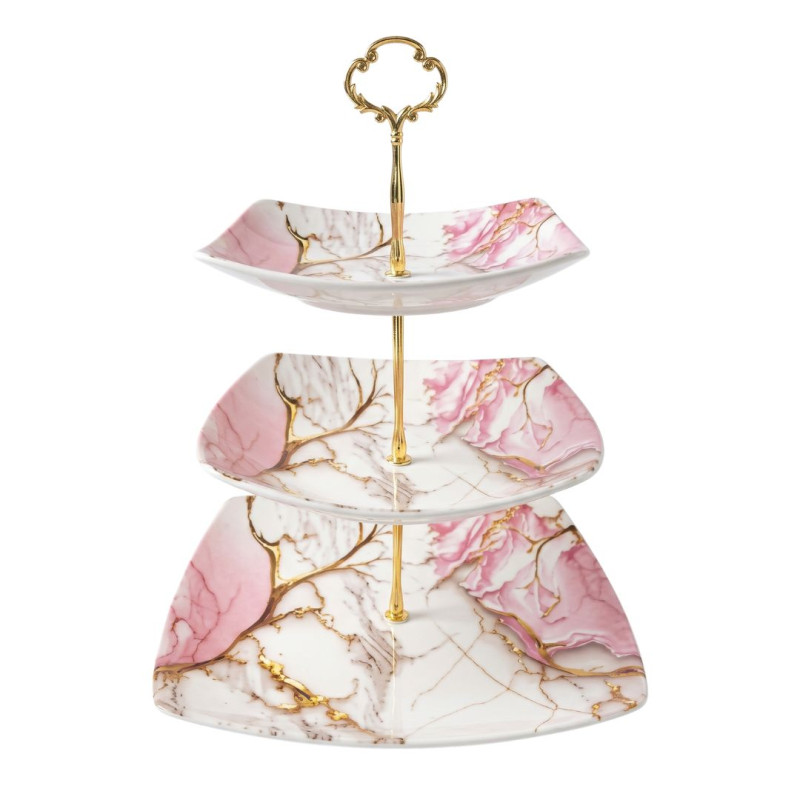 Melamine Square Pink Marbled 3 Tier Cake Stand With Printed Box