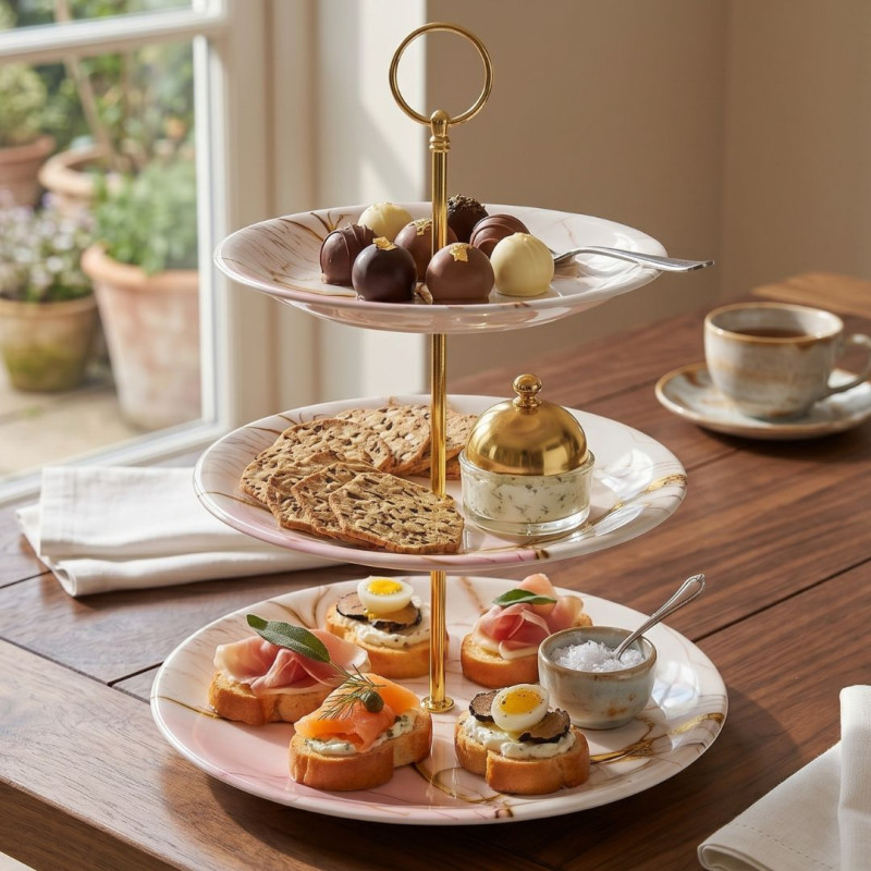 Melamine Round Pink Marbled 3 Tier Cake Stand With Printed Box
