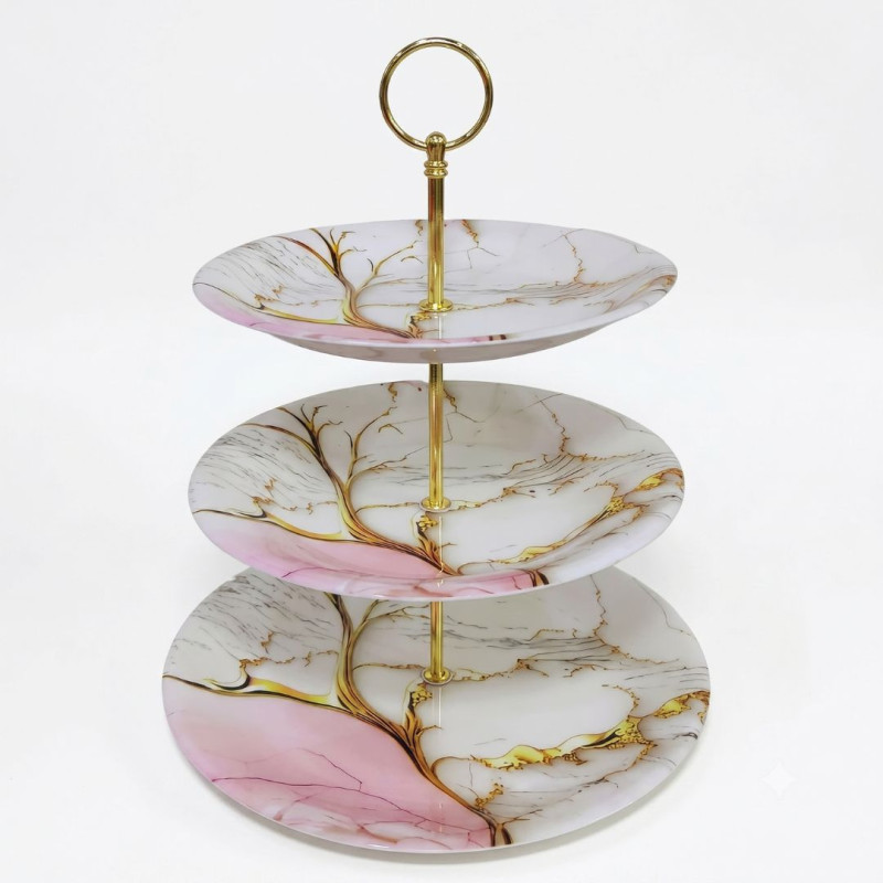 Melamine Round Pink Marbled 3 Tier Cake Stand With Printed Box