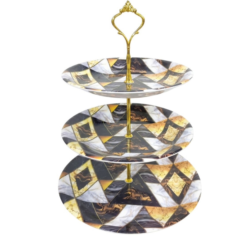 Melamine Round Black Gold Geomatric 3 Tier Cake Stand With Printed Box
