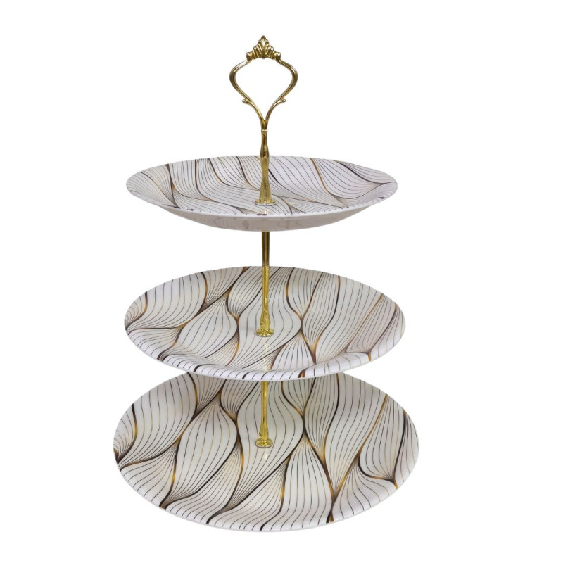 Melamine Round White Feather Marbled 3 Tier Cake Stand With Printed Box