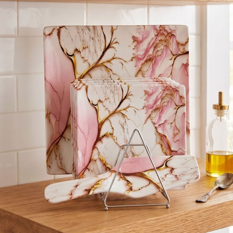 Melamine 8 PCS Pink Marbled Cake Set
