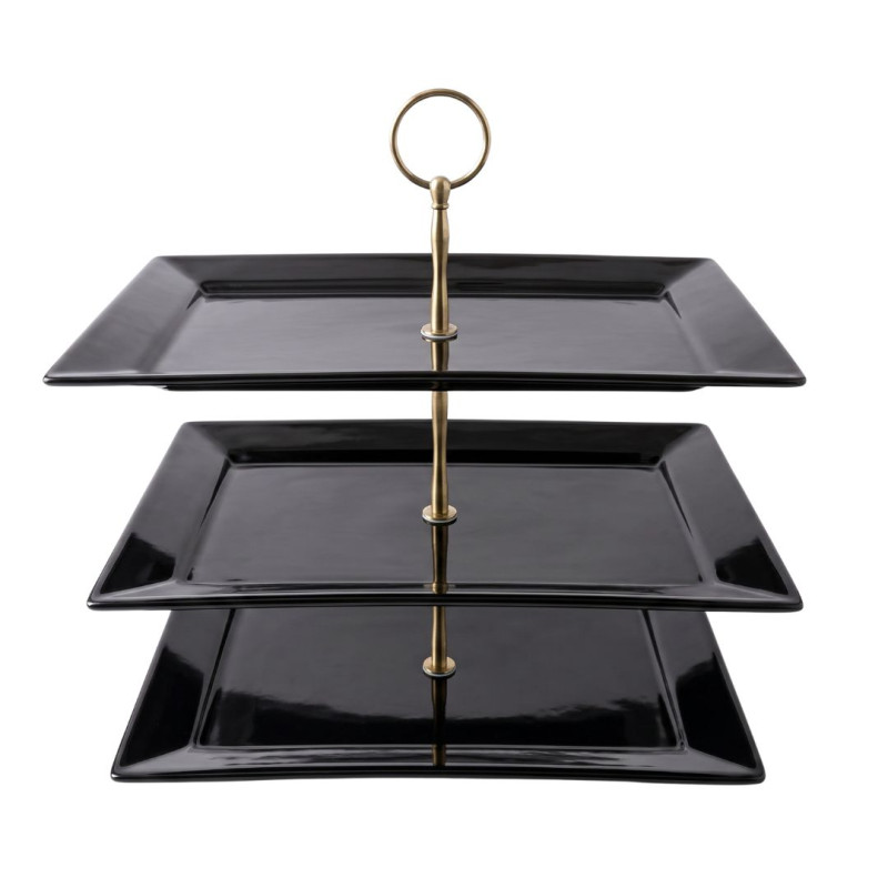 Melamine 1 Large, 1 Medium, And 1 Small Black Rectangle Platter With Golden Stand