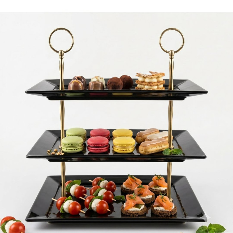 Melamine 3 Layer Rectangle Platter With 2 Golden Stand