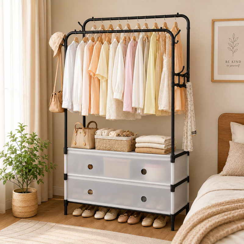 Double Pole Clothes Rack Garment Organizer with Shoe Storage