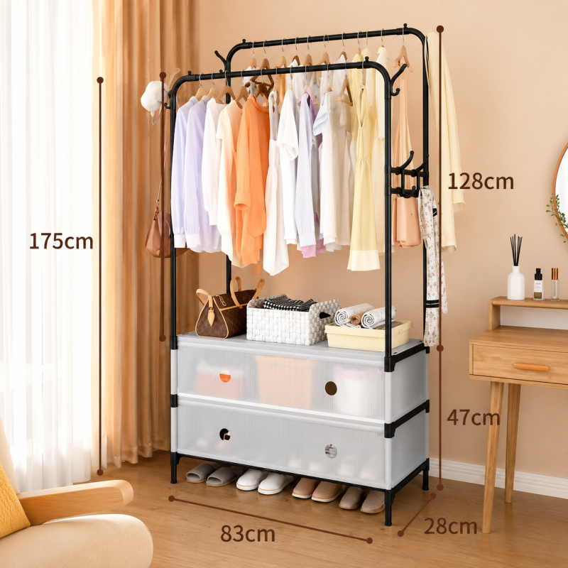 Double Pole Clothes Rack Garment Organizer with Shoe Storage