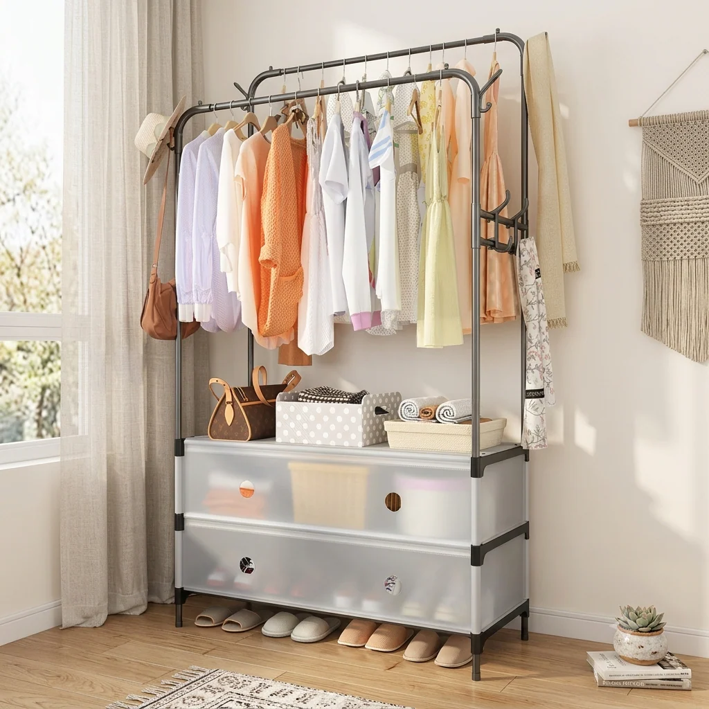 Double Pole Clothes Rack Garment Organizer with Shoe Storage
