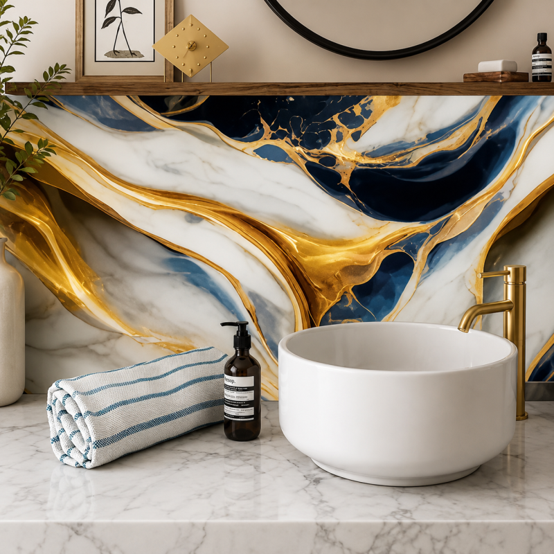 Self Adhesive Marble Sheet Blue & Gold Design