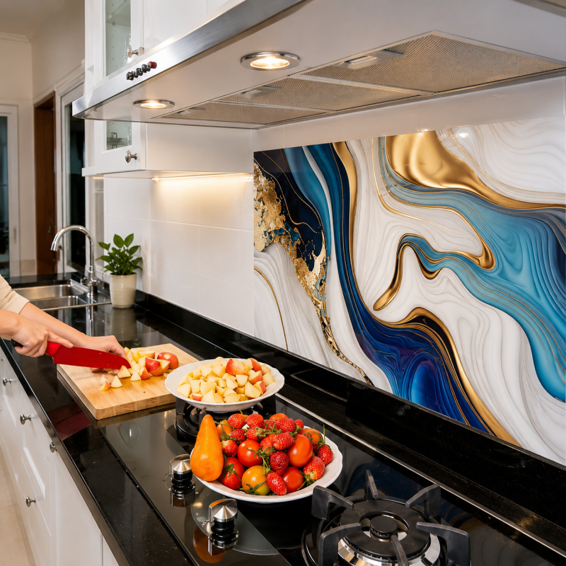 Self Adhesive Marble Sheet Blue & Gold Design