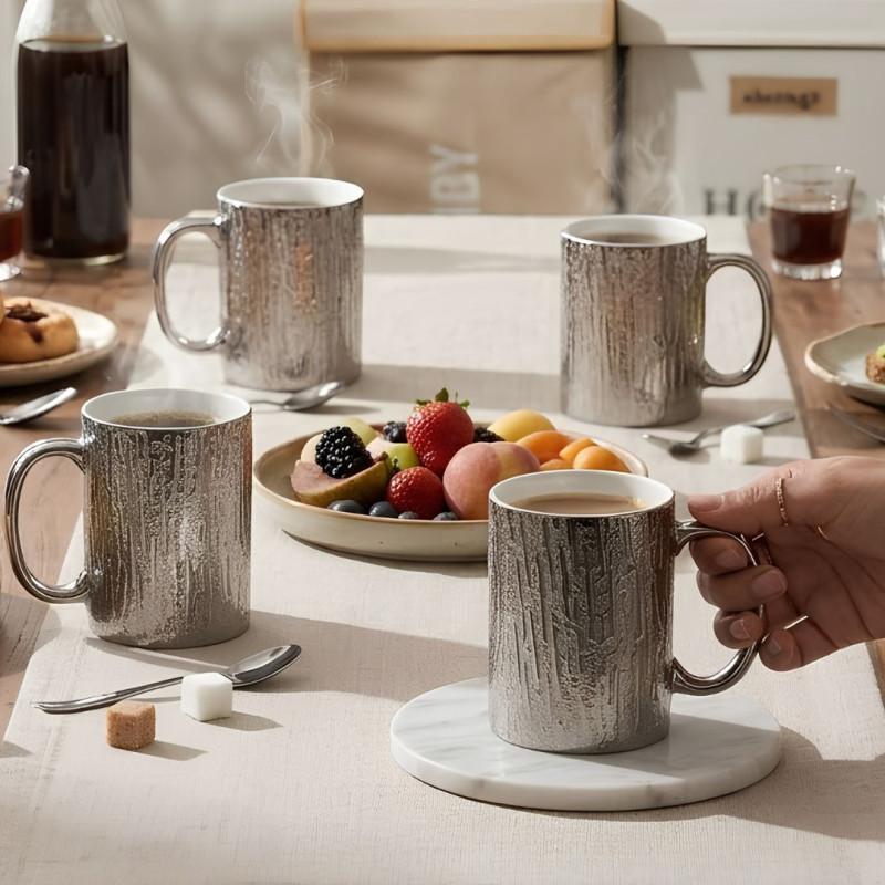 6PCS Luxurious Textured Silver Mug Set with Gift Box