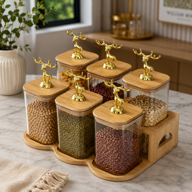 Glass Jar Set with Wooden Stand Premium Kitchen Storage Organizer