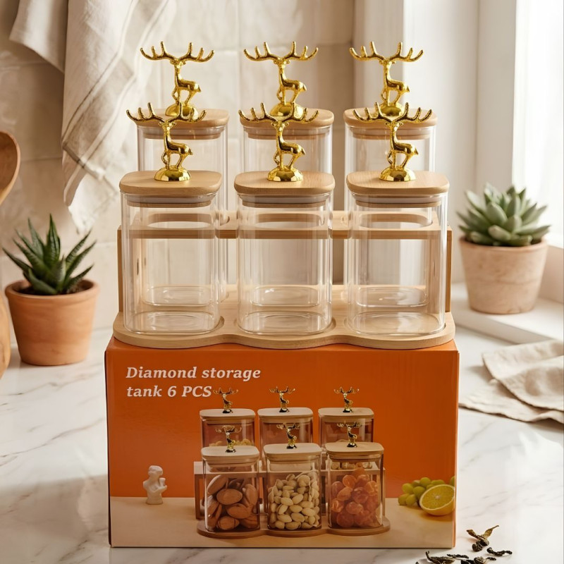 Glass Jar Set with Wooden Stand Premium Kitchen Storage Organizer