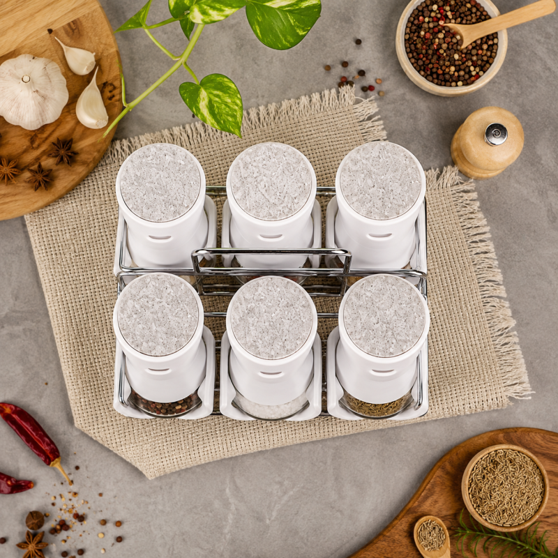 6PCS Glass Spice Shaker Set with Stand Kitchen Seasoning Organizer