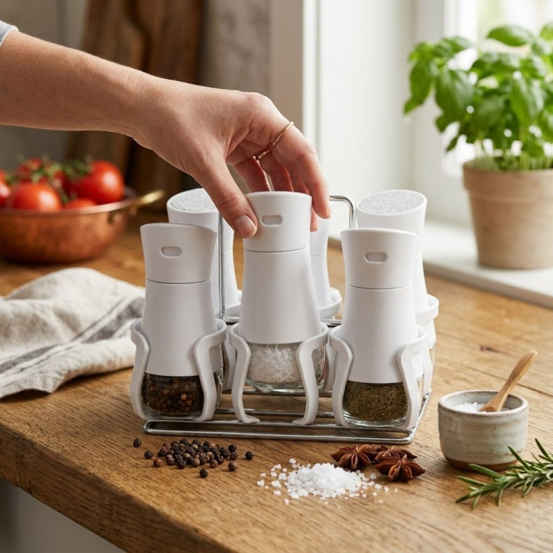 6PCS Glass Spice Shaker Set with Stand Kitchen Seasoning Organizer