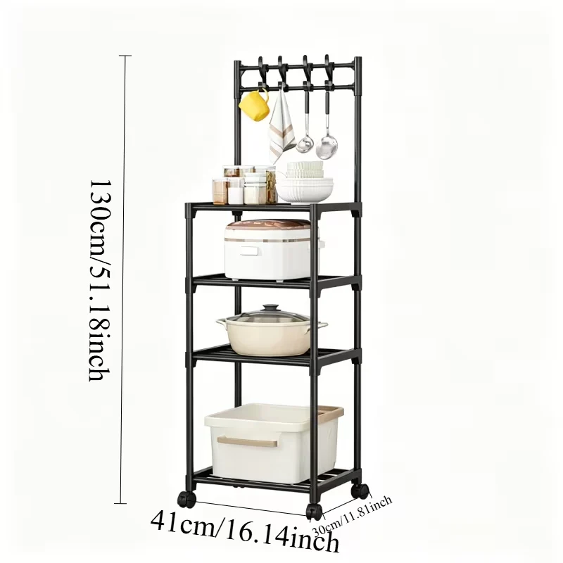 4 Layer Kitchen Storage Rack with Pulleys & Hooks Multipurpose Organizer