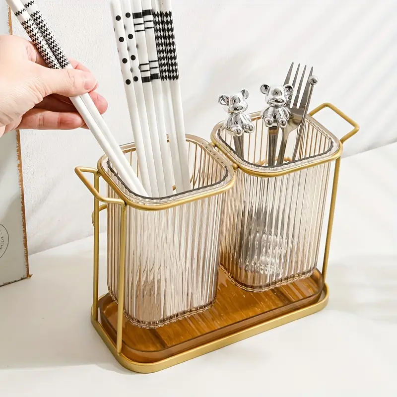 Acrylic Cutlery Holder with Golden Steel Stand Kitchen Utensil Organizer