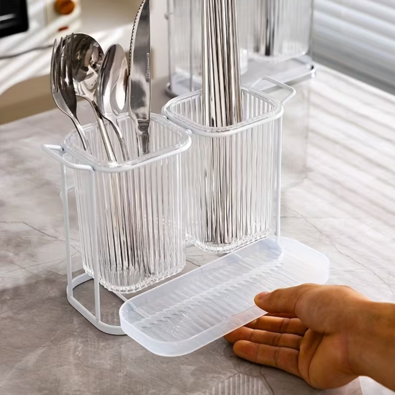 Acrylic Cutlery Holder with Golden Steel Stand Kitchen Utensil Organizer