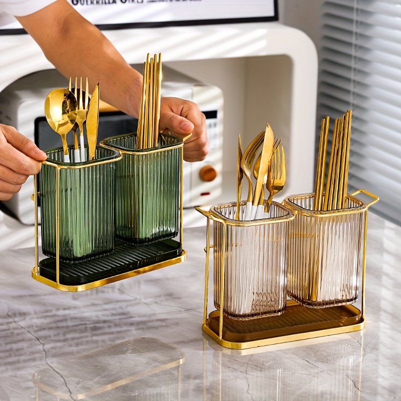 Acrylic Cutlery Holder with Golden Steel Stand Kitchen Utensil Organizer