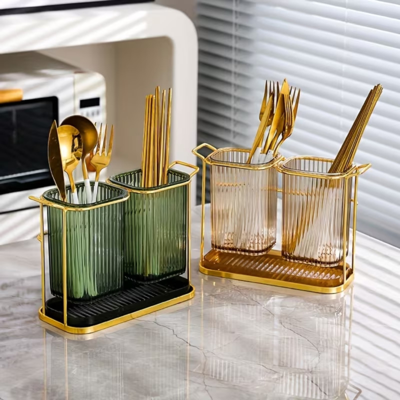 Acrylic Cutlery Holder with Golden Steel Stand Kitchen Utensil Organizer