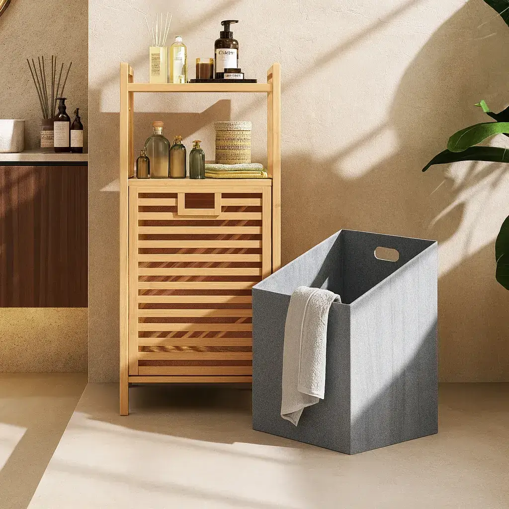 Bamboo Laundry Basket with Storage Shelf