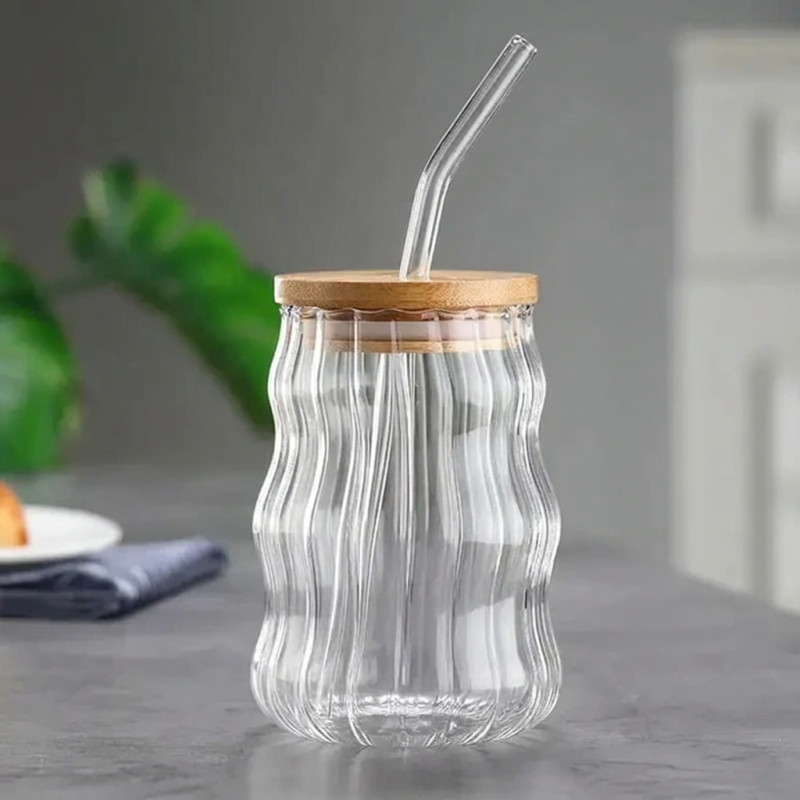 Ripple 400MLGlass Tumbler with Wooden Lid & Straw