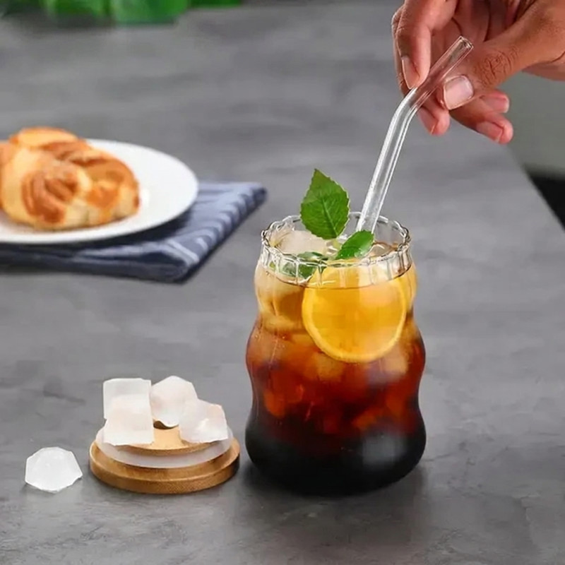 Ripple 400MLGlass Tumbler with Wooden Lid & Straw