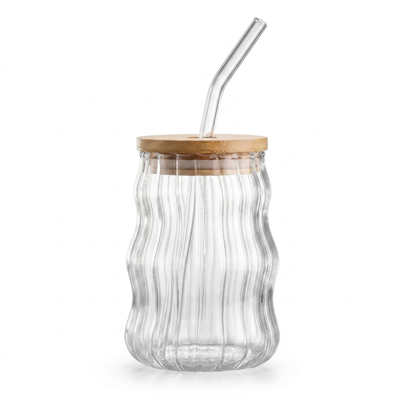 Ripple 400MLGlass Tumbler with Wooden Lid & Straw