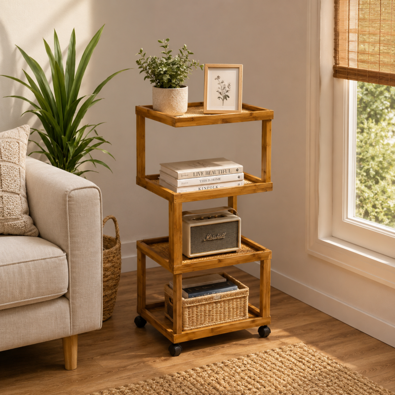 4 Tier Bamboo Rolling Storage Trolley With Rattan Shelves