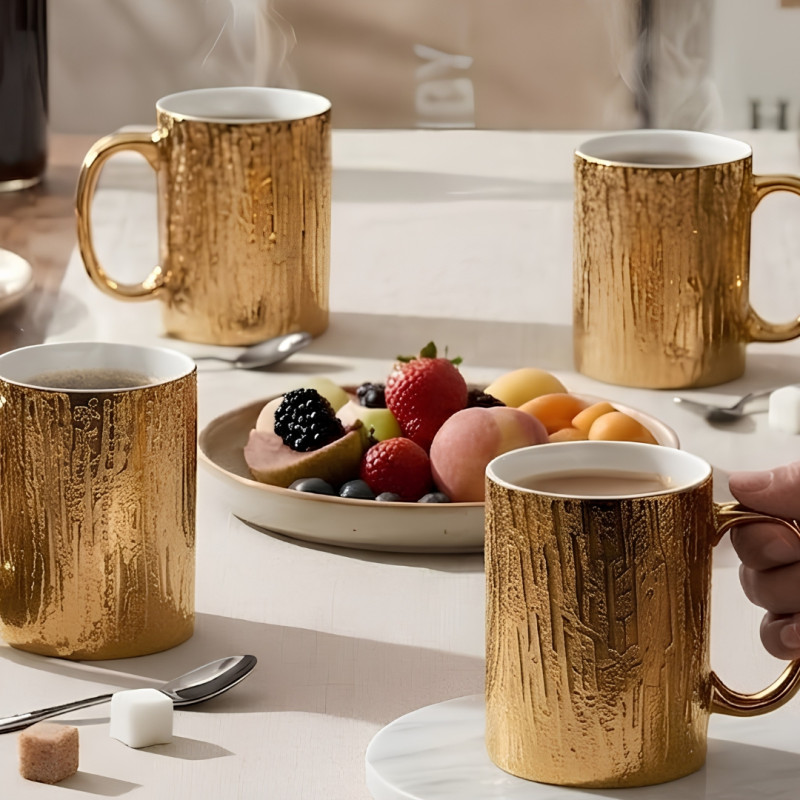 6 Piece Luxury Textured Golden Mug Set Big Size