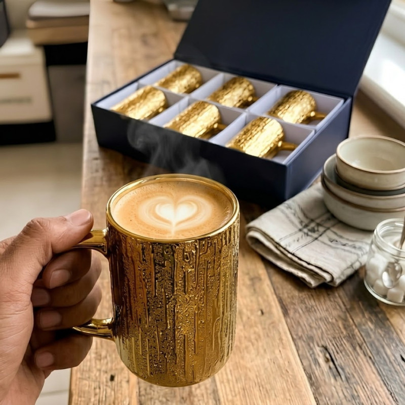 6 Piece Luxury Textured Golden Mug Set Big Size