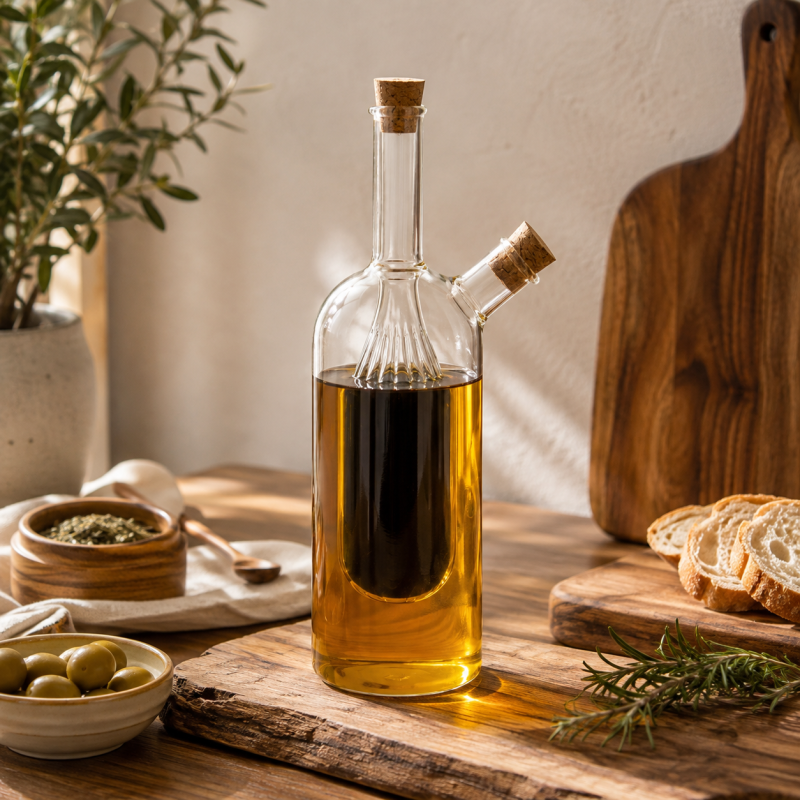 Borosilicate Oil Glass Bottle With Double Spout And Cork