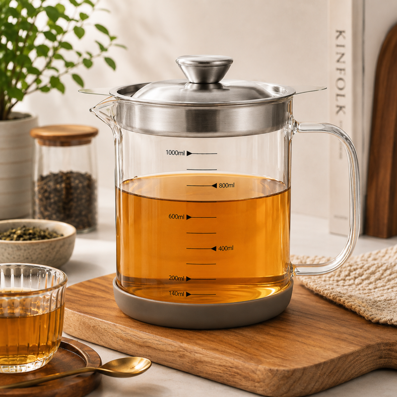 1000ML Glass Oil Filter Pot Kitchen Oil Strainer Container