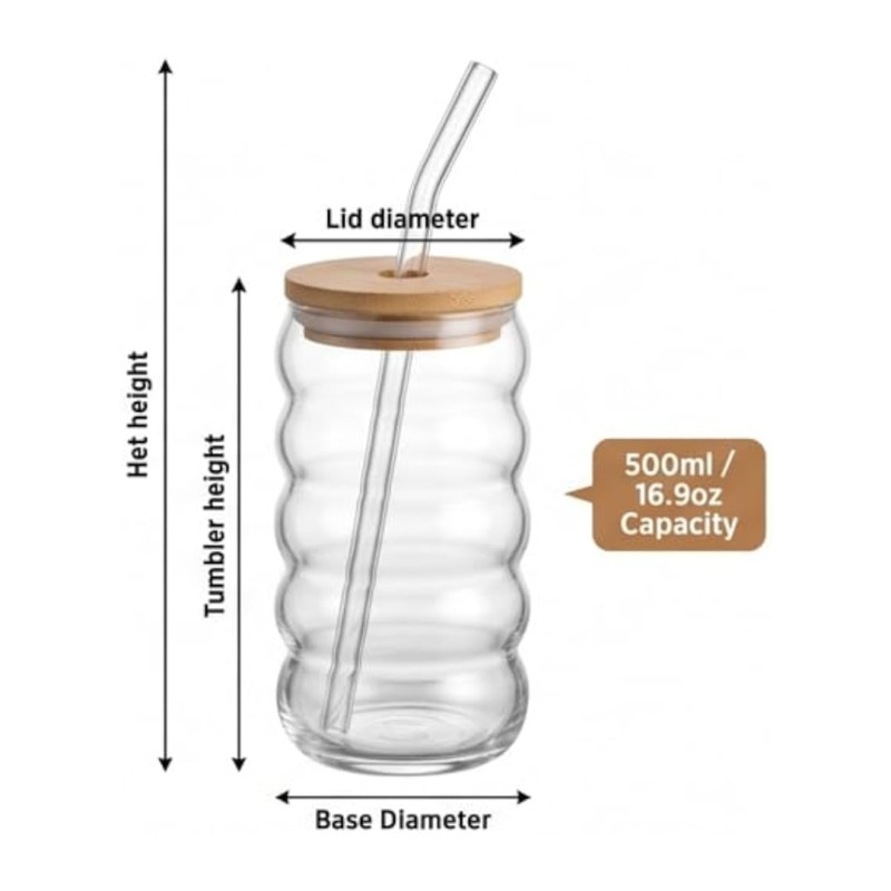 500ml Spiral Shaped Glass Tumbler With Wooden Lid And Straw