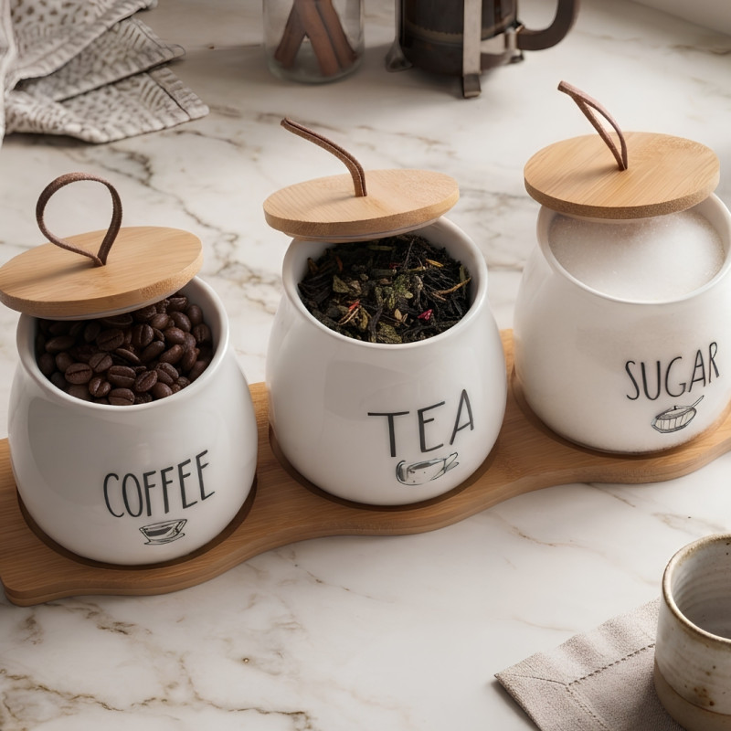 Ceramic Tea Coffee Sugar Jars Set With Wooden Tray