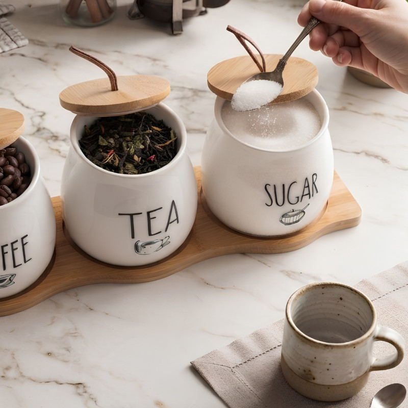Ceramic Tea Coffee Sugar Jars Set With Wooden Tray
