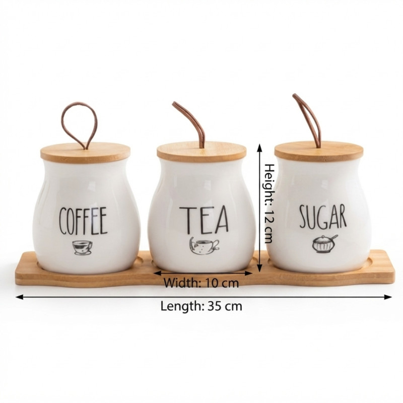 Ceramic Tea Coffee Sugar Jars Set With Wooden Tray