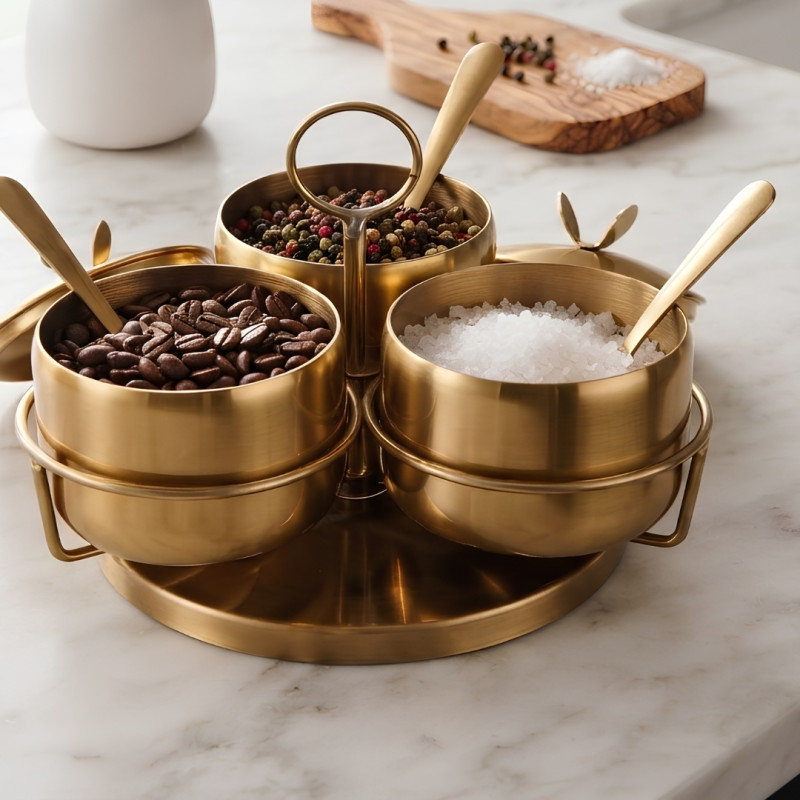 Golden Stainless Steel Spice Jar Set With Rotatable Rack