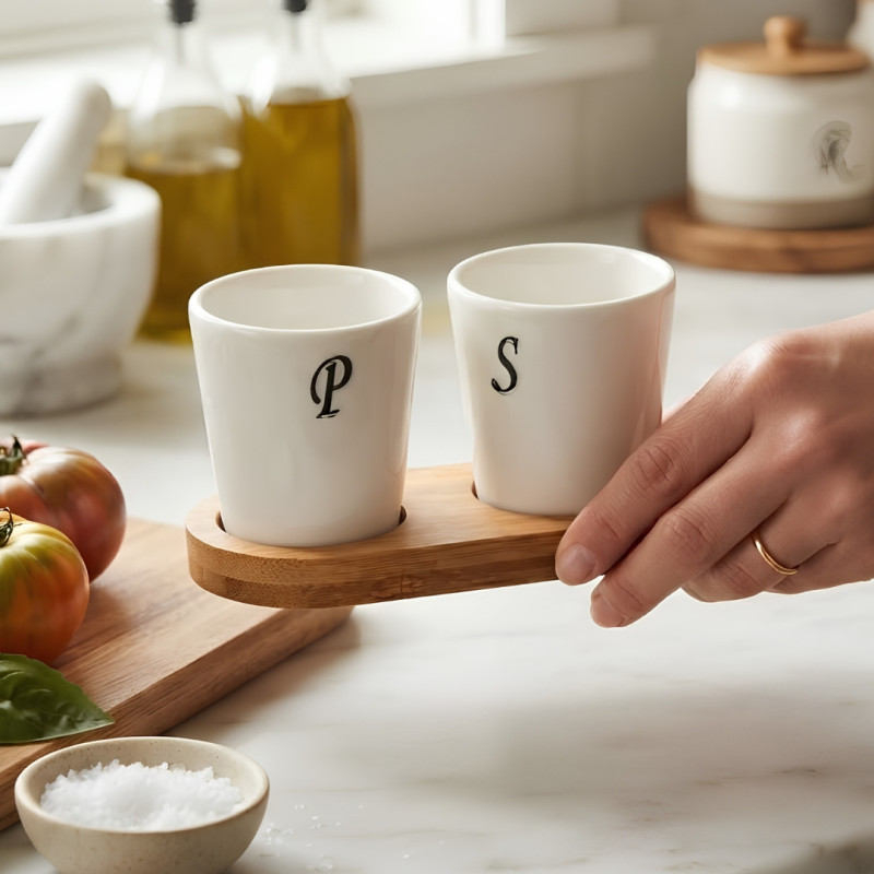 Luxury Ceramic Salt & Pepper Set With Bamboo Stand