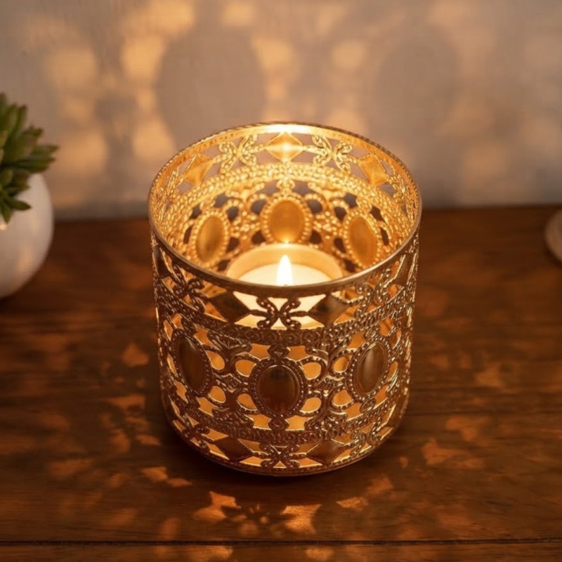 Gold Metal Pen Holder & Tealight Candle Lantern