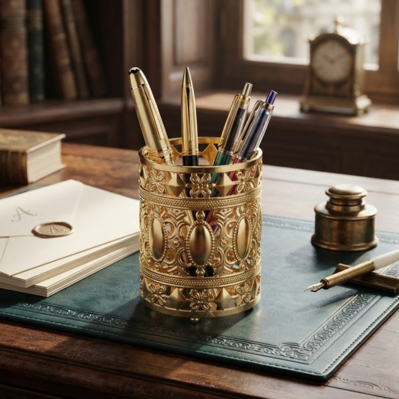 Gold Metal Pen Holder & Tealight Candle Lantern